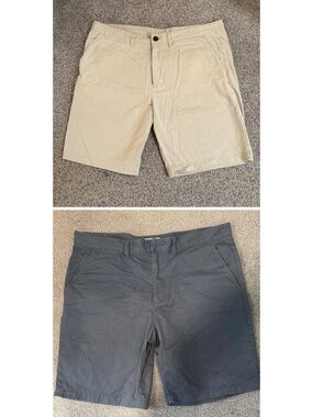 2 Pairs Merona Men’s Dress Shorts Flat Front Khaki Tan & Slate Blue - Size 40